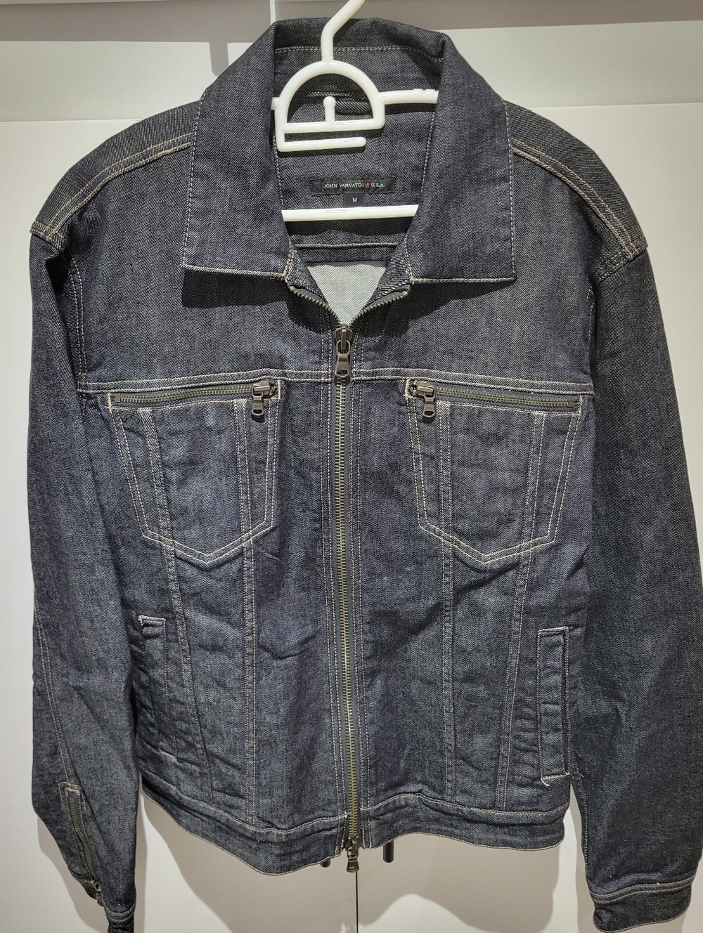 John Varvatos USA Dark Navy Denim Zip-up Jacket, Unisex Men's Medium/Ladies Lrg